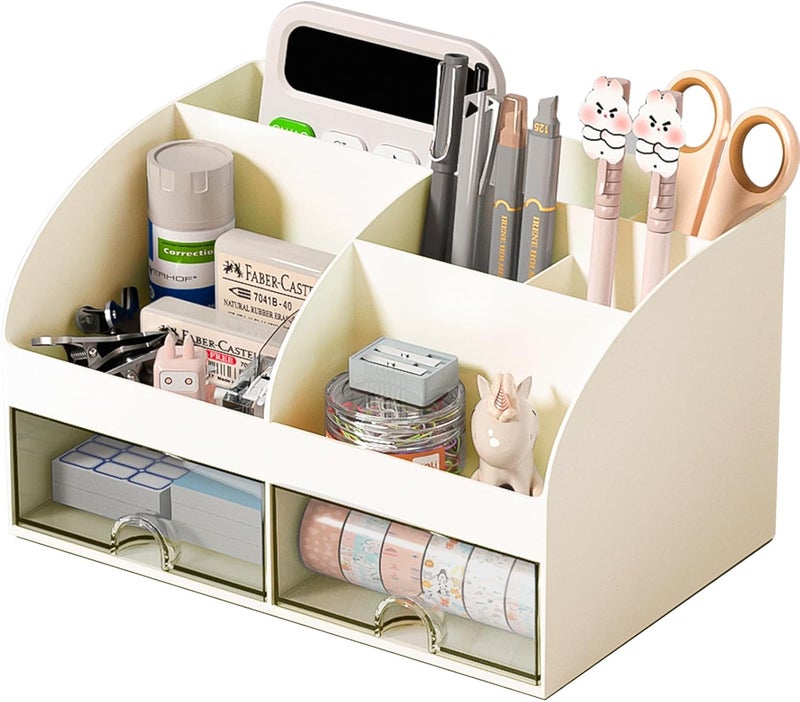 COMFYROOM Desk Organizer with 6 Compartments and 2 Drawers, Plastic Makeup Organizer, Pen Holder for Desktop Storage, Desk Organization for School, Home, Office Supplies (Ivory) - Image 1